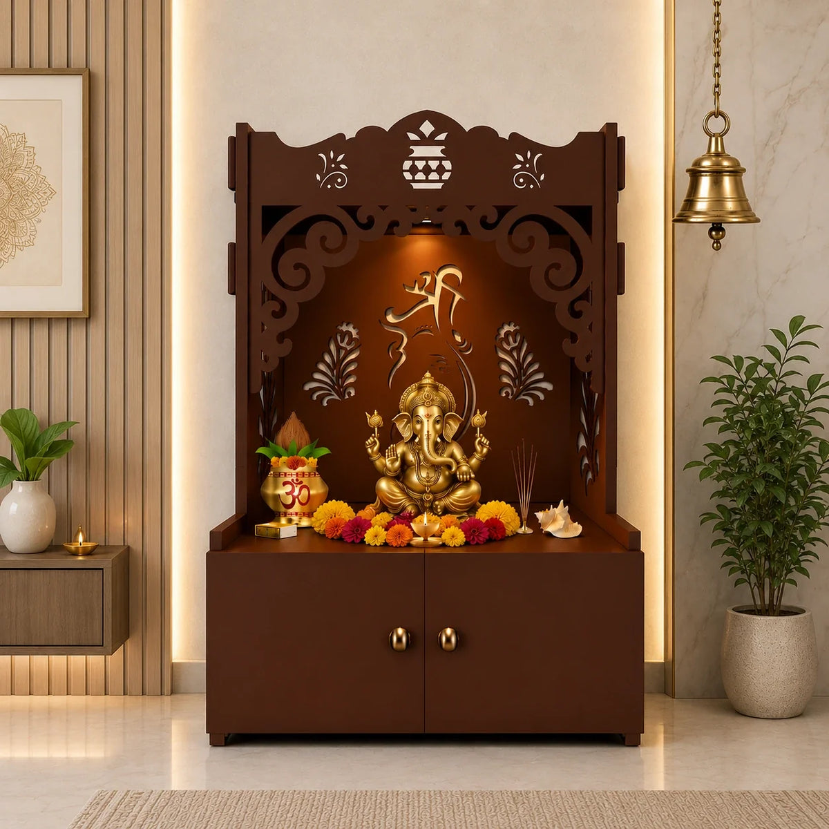 Beautiful Design of Shri Ganesh Floor Temple with Spacious Wooden Shelf & Inbuilt Focus Light- Brown Finish