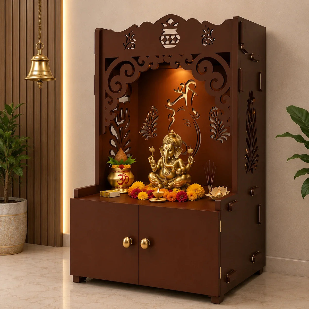 Beautiful Design of Shri Ganesh Floor Temple with Spacious Wooden Shelf & Inbuilt Focus Light- Brown Finish