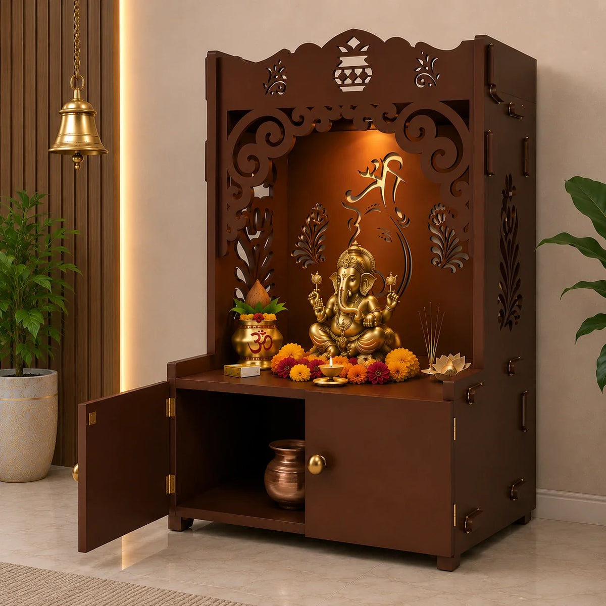 Beautiful Design of Shri Ganesh Floor Temple with Spacious Wooden Shelf & Inbuilt Focus Light- Brown Finish