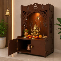 Beautiful Design of Shri Ganesh Floor Temple with Spacious Wooden Shelf & Inbuilt Focus Light- Brown Finish