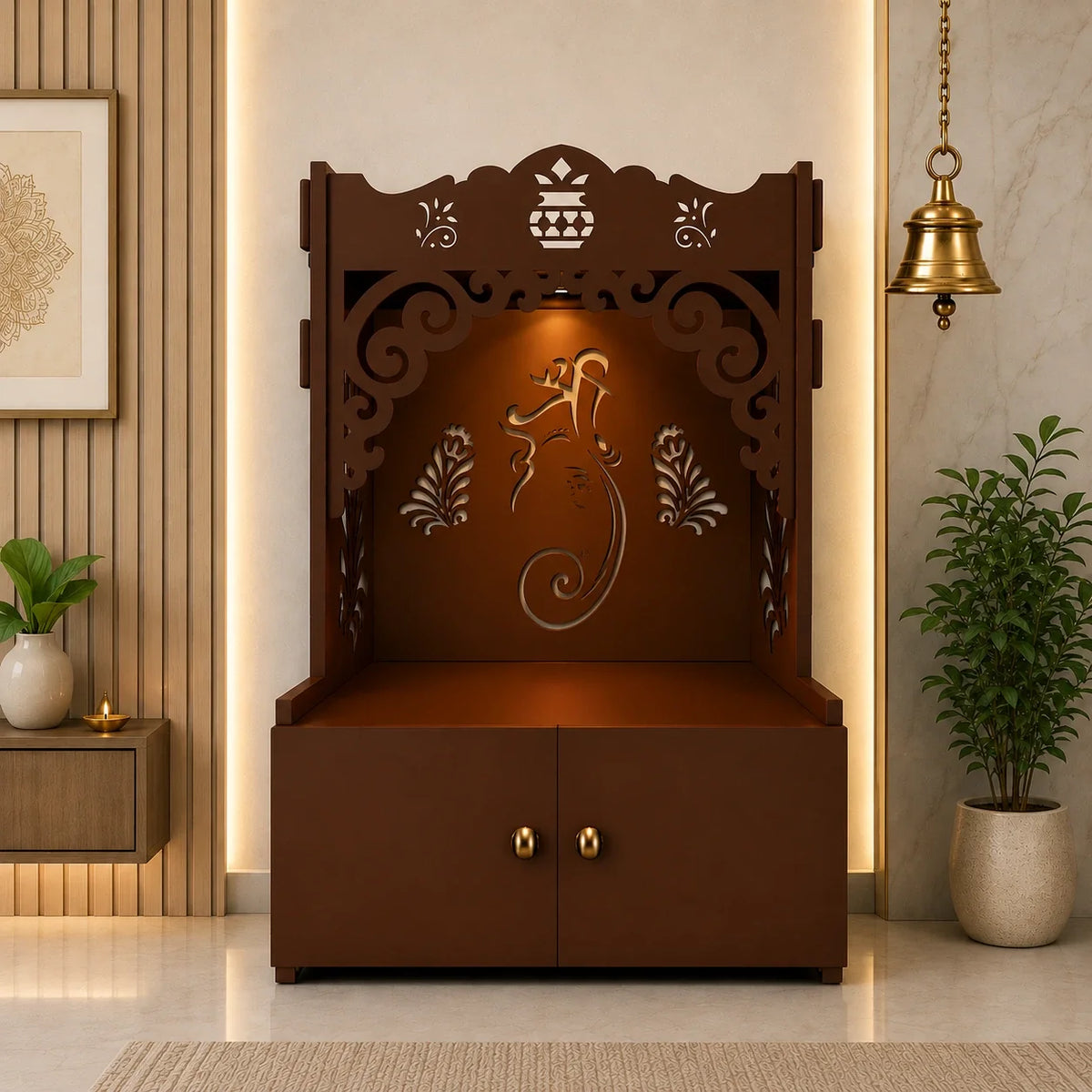 Beautiful Design of Shri Ganesh Floor Temple with Spacious Wooden Shelf & Inbuilt Focus Light- Brown Finish