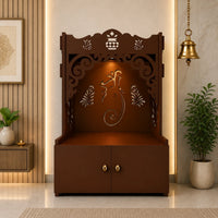 Beautiful Design of Shri Ganesh Floor Temple with Spacious Wooden Shelf & Inbuilt Focus Light- Brown Finish