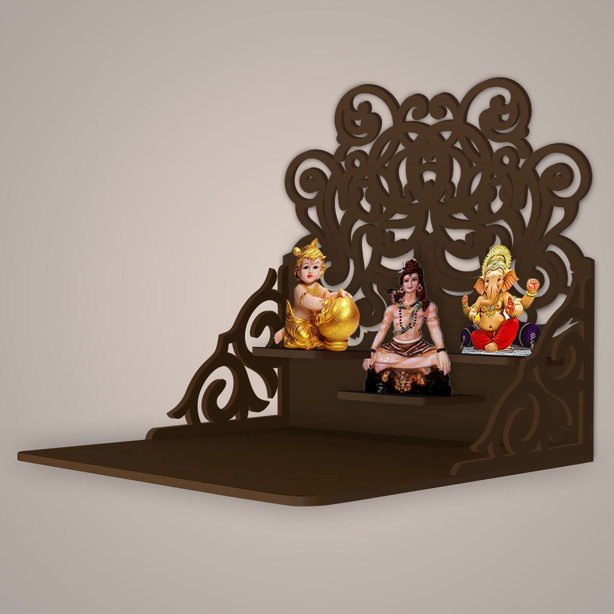 Beautiful Floral Pattern Wall Hanging Wooden Temple/ Pooja Mandir Design with Shelf, Brown Color