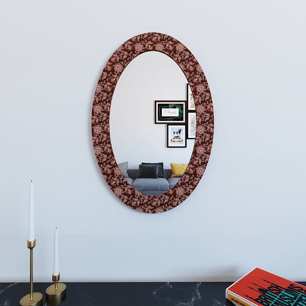 Beautiful Floral Print Maroon Oval Printed Acrylic Wall Mirror