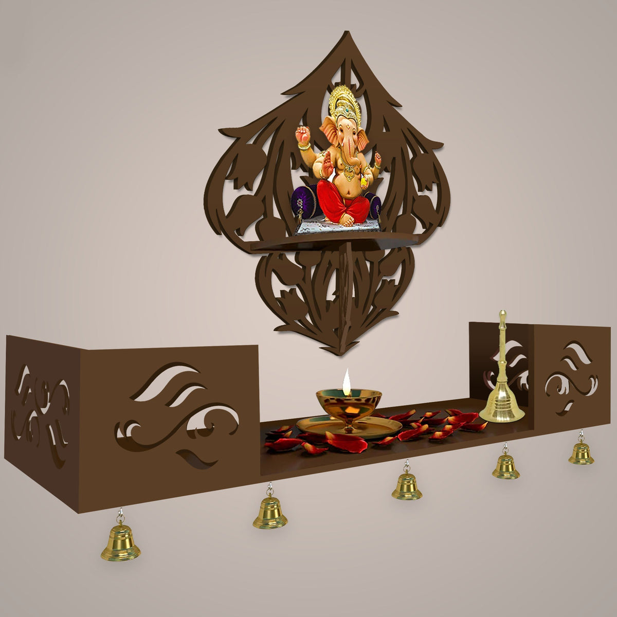 Beautiful Flower Art Designer Wall Hanging Wooden Temple/ Pooja Mandir Design with Shelf, Brown Color