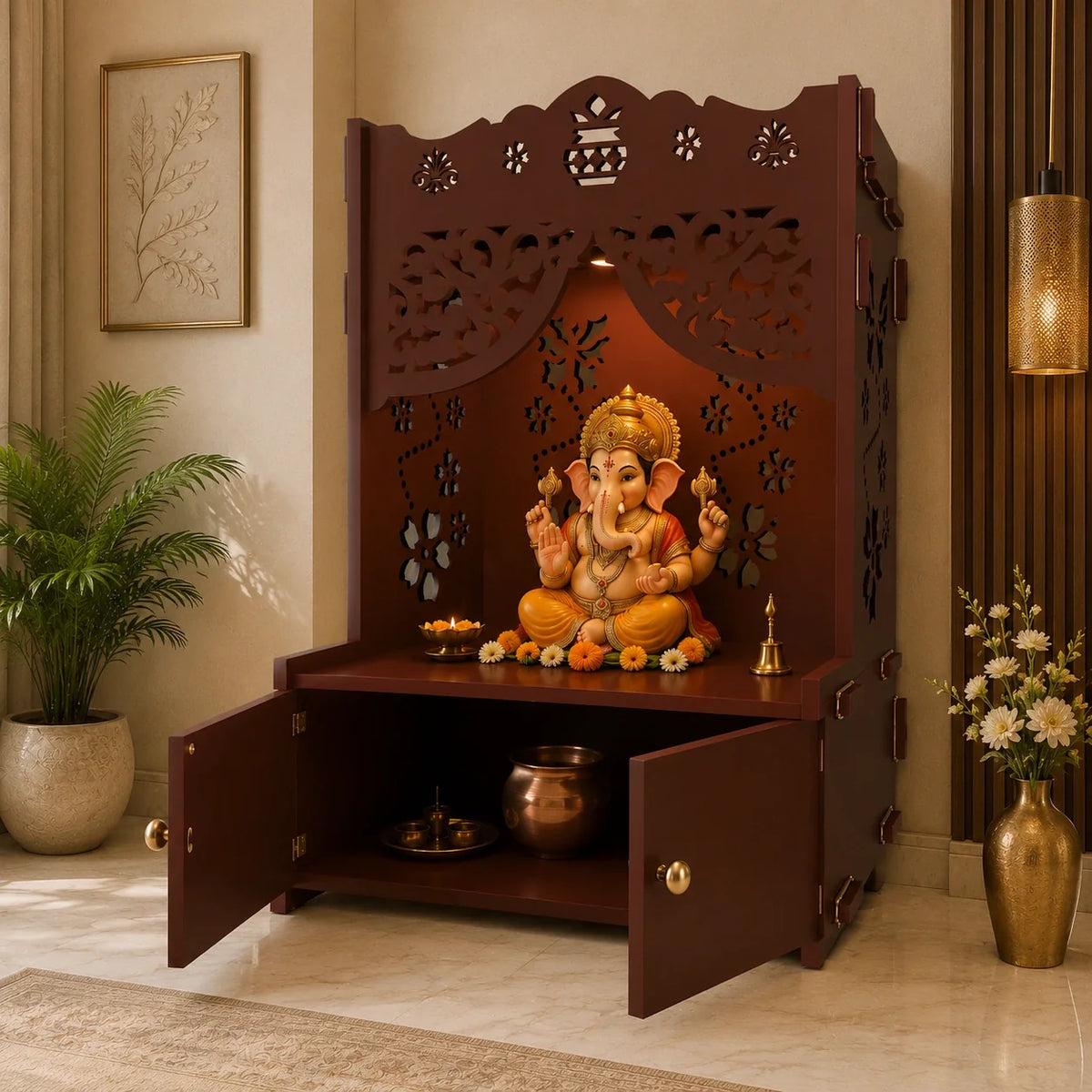 Beautiful Flower Design Pattern Floor Temple with Spacious Wooden Shelf & Inbuilt Focus Light- Brown Finish