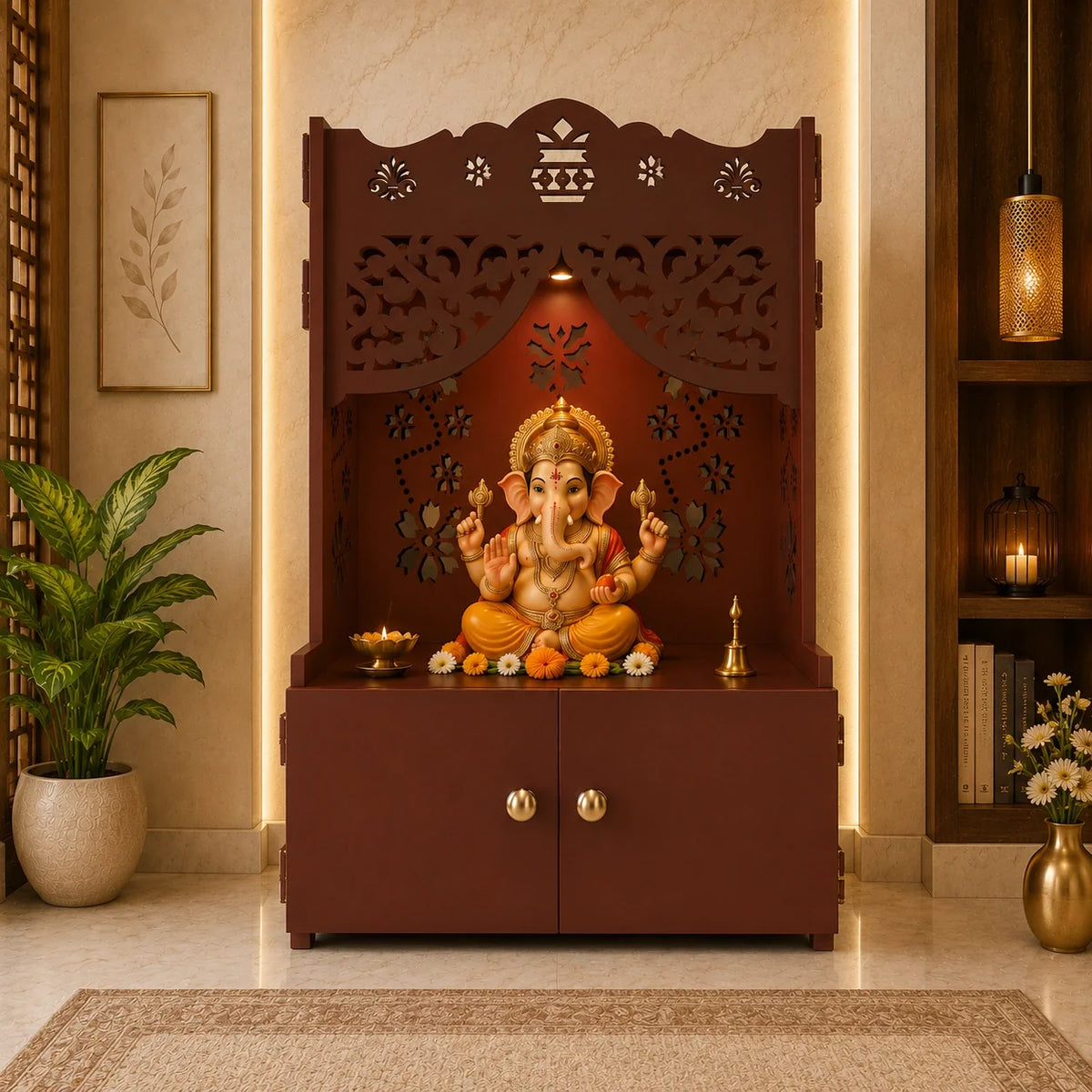 Beautiful Flower Design Pattern Floor Temple with Spacious Wooden Shelf & Inbuilt Focus Light- Brown Finish