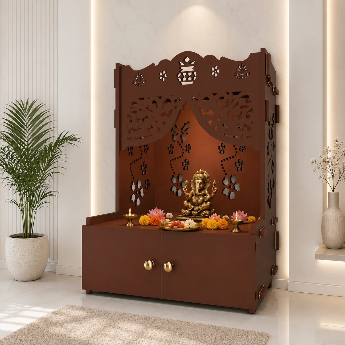 Beautiful Flower Design Pattern Floor Temple with Spacious Wooden Shelf & Inbuilt Focus Light- Brown Finish