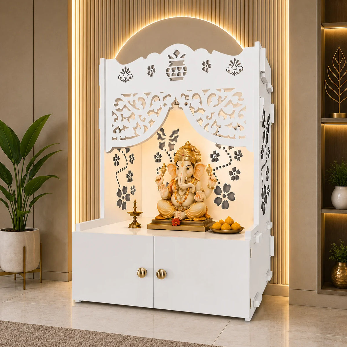 Beautiful Flower Design Pattern Floor Temple with Spacious Wooden Shelf & Inbuilt Focus Light- White Finish