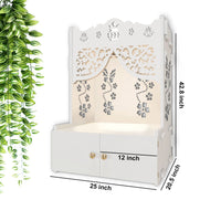 Beautiful Flower Design Pattern Floor Temple with Spacious Wooden Shelf & Inbuilt Focus Light- White Finish