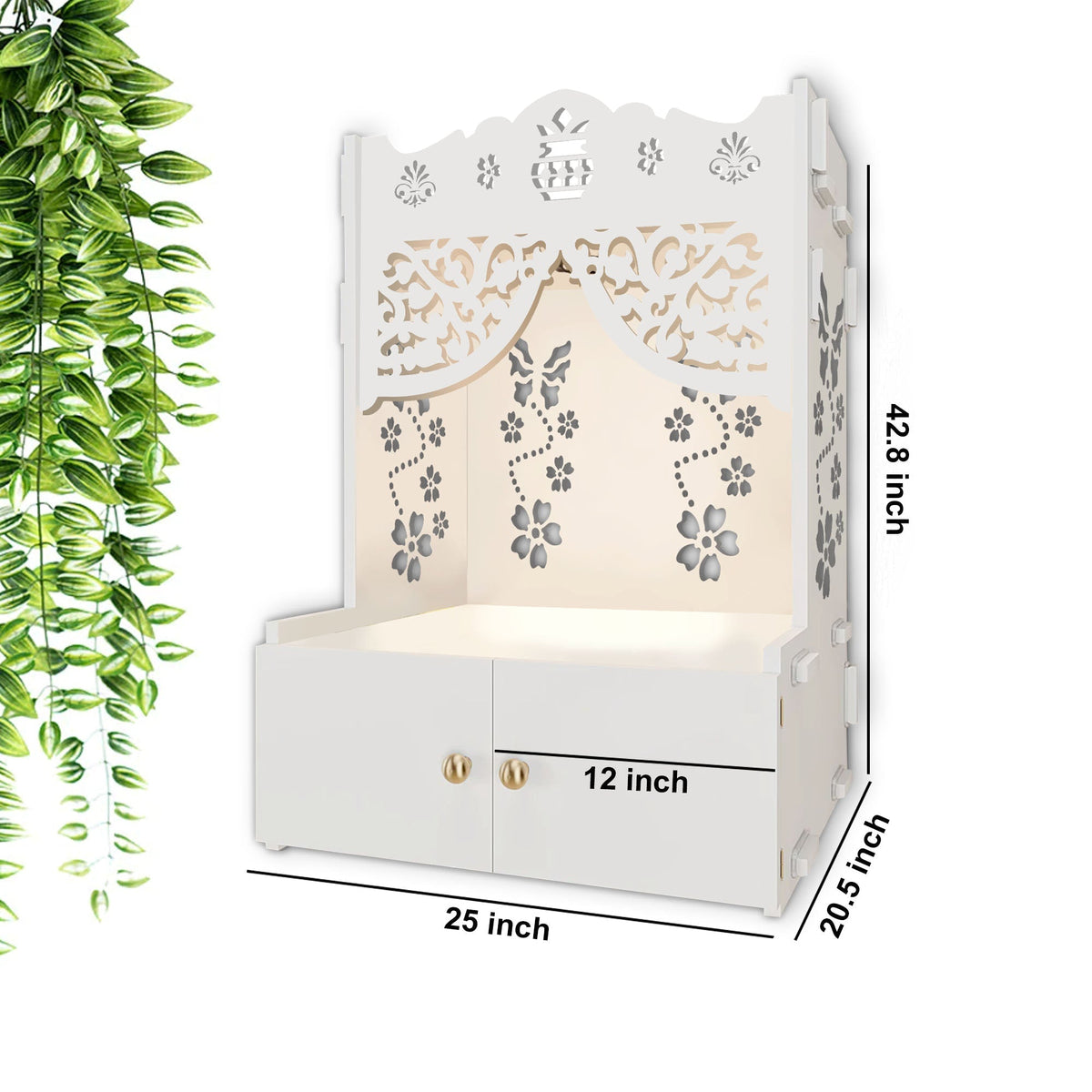 Beautiful Flower Design Pattern Floor Temple with Spacious Wooden Shelf & Inbuilt Focus Light- White Finish