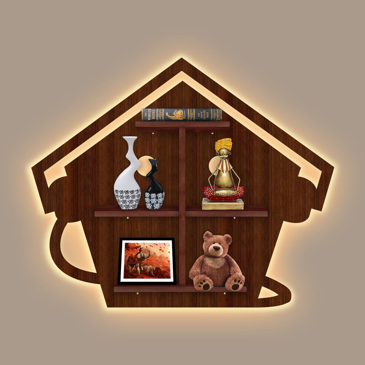 Beautiful Hut with Listening Music Wooden LED Light Wall Shelf with Walnut Finish