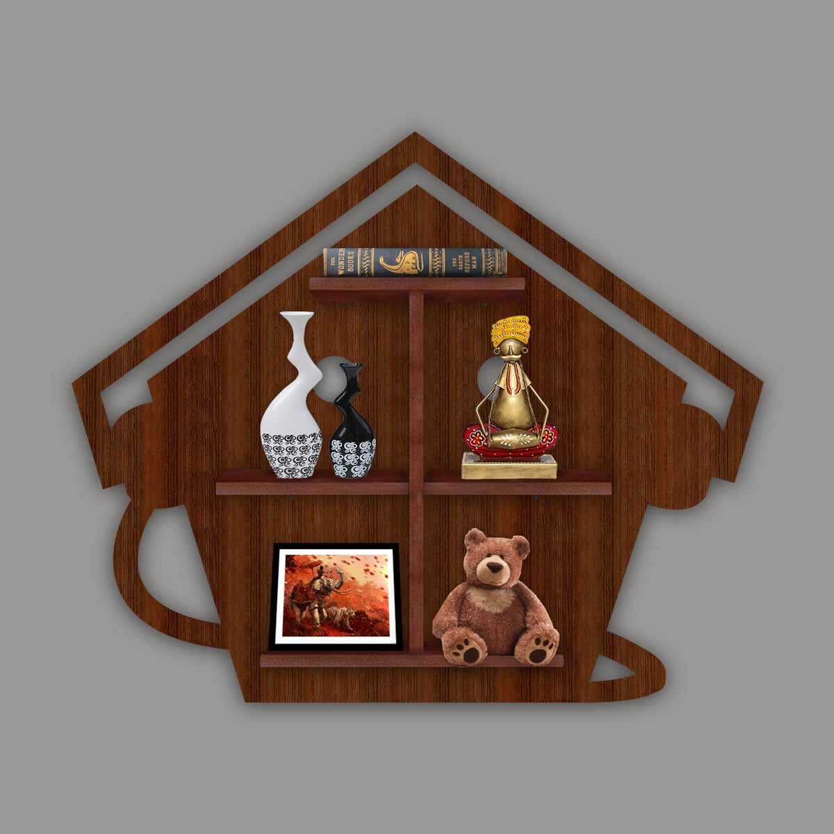 Beautiful Hut with Listening Music Wooden LED Light Wall Shelf with Walnut Finish