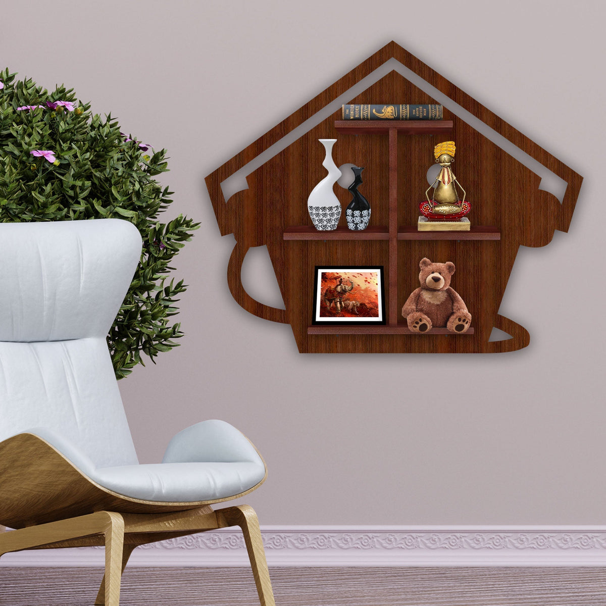 Beautiful Hut with Listening Music Wooden LED Light Wall Shelf with Walnut Finish
