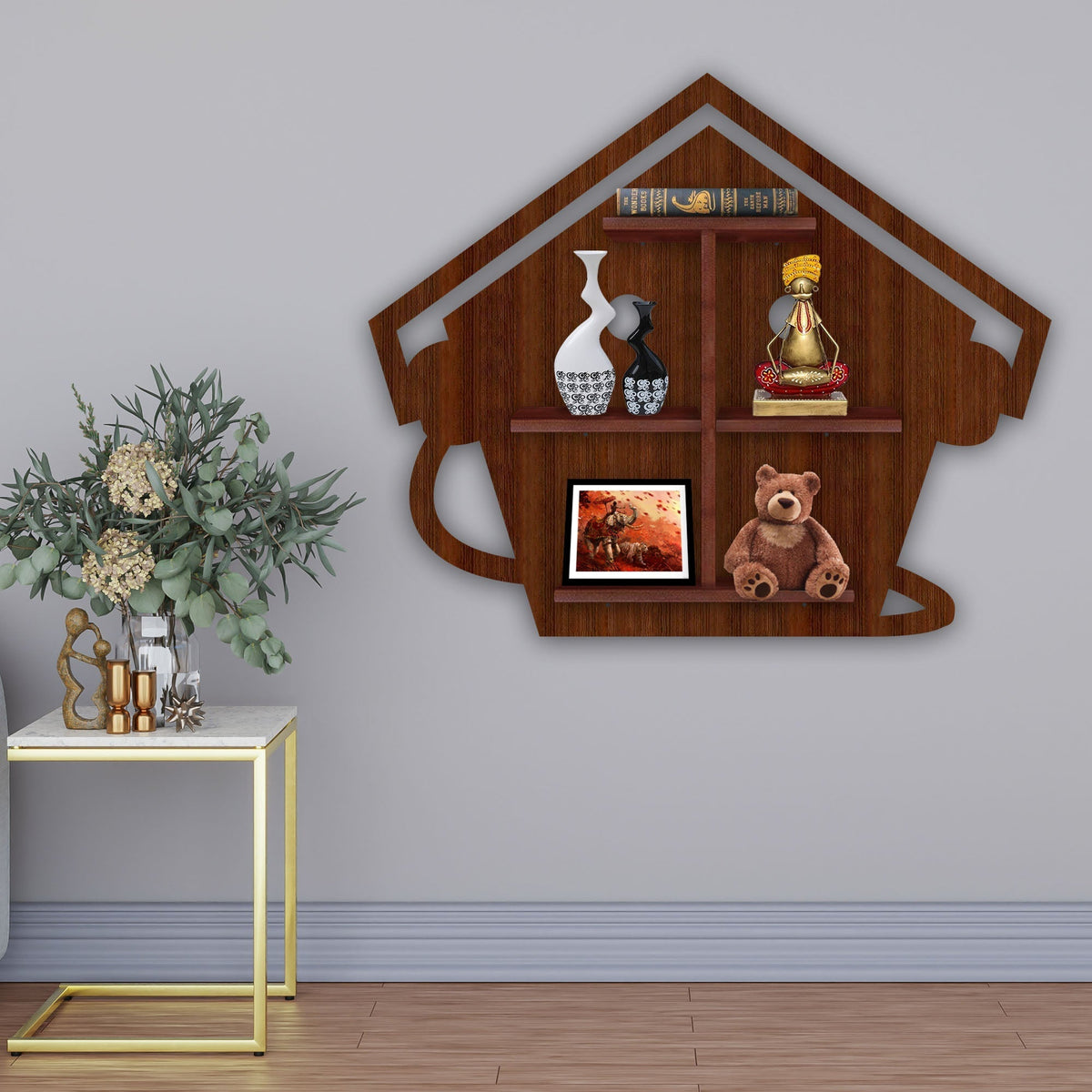Beautiful Hut with Listening Music Wooden LED Light Wall Shelf with Walnut Finish