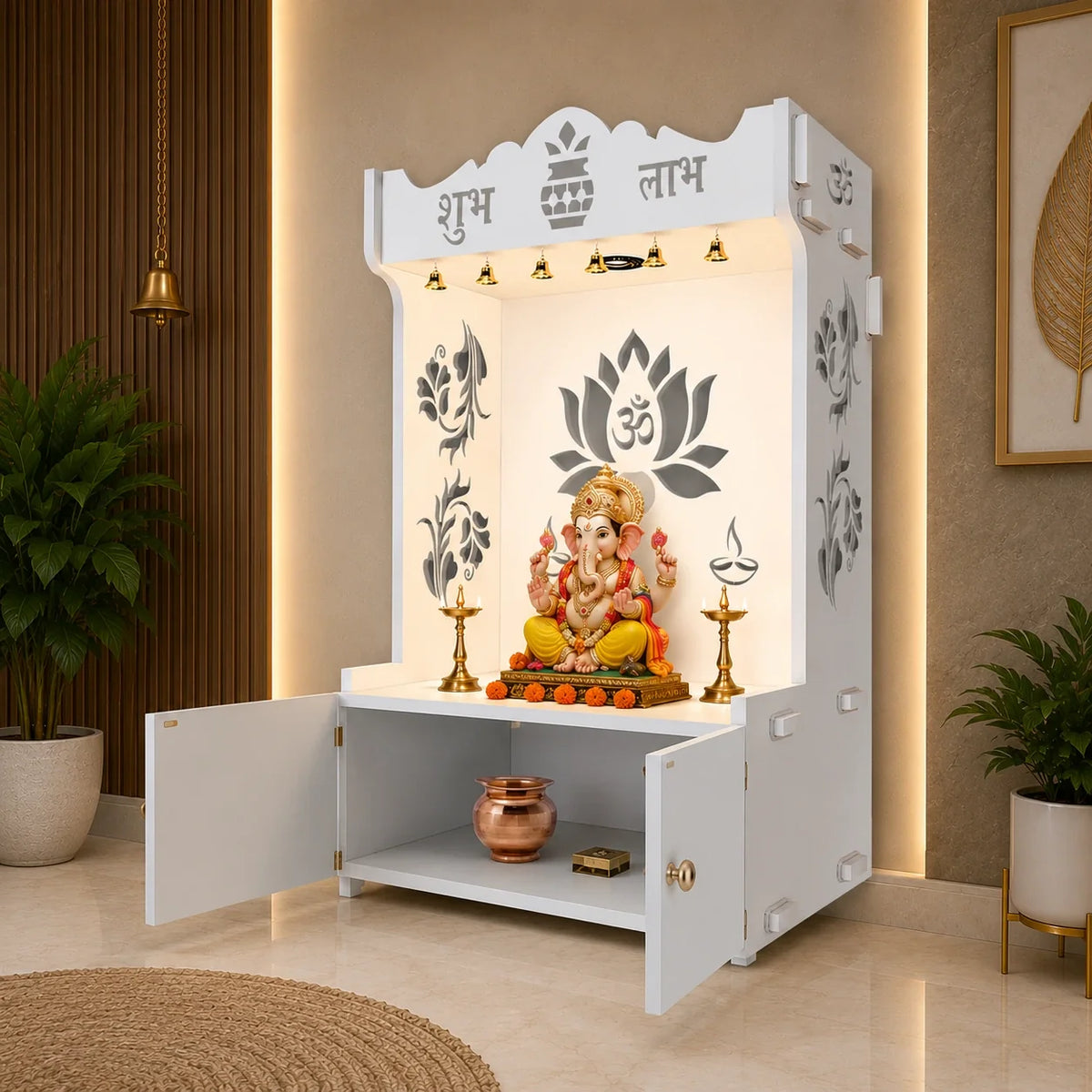 Beautiful Lotus Pattern Floor Temple with Spacious Wooden Shelf & Inbuilt Focus Light- White Finish