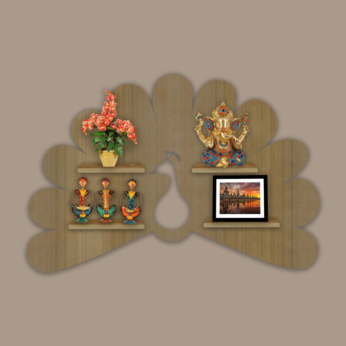 Beautiful Peacock Shape Wooden LED Light Wall Shelf with Oak Finish