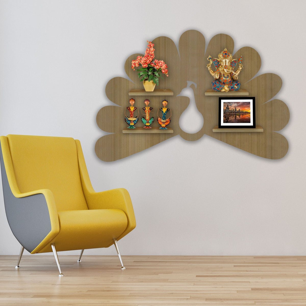 Beautiful Peacock Shape Wooden LED Light Wall Shelf with Oak Finish