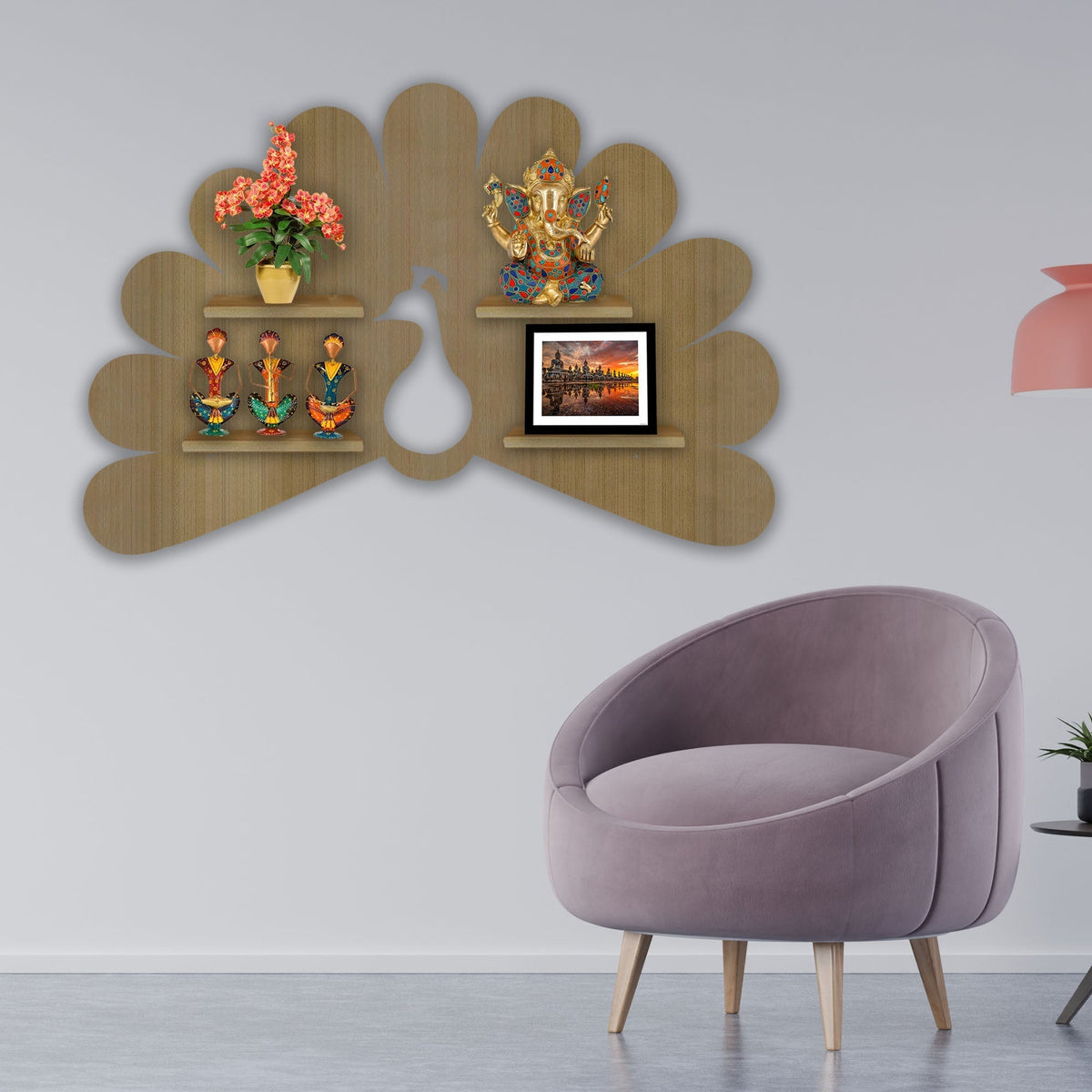 Beautiful Peacock Shape Wooden LED Light Wall Shelf with Oak Finish