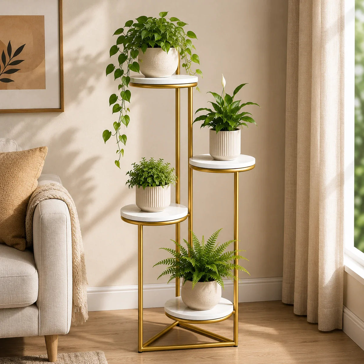 Beautiful Premium Looking Sturdy Metal Planter Stand With White Round Marble At Top - 4 Tier