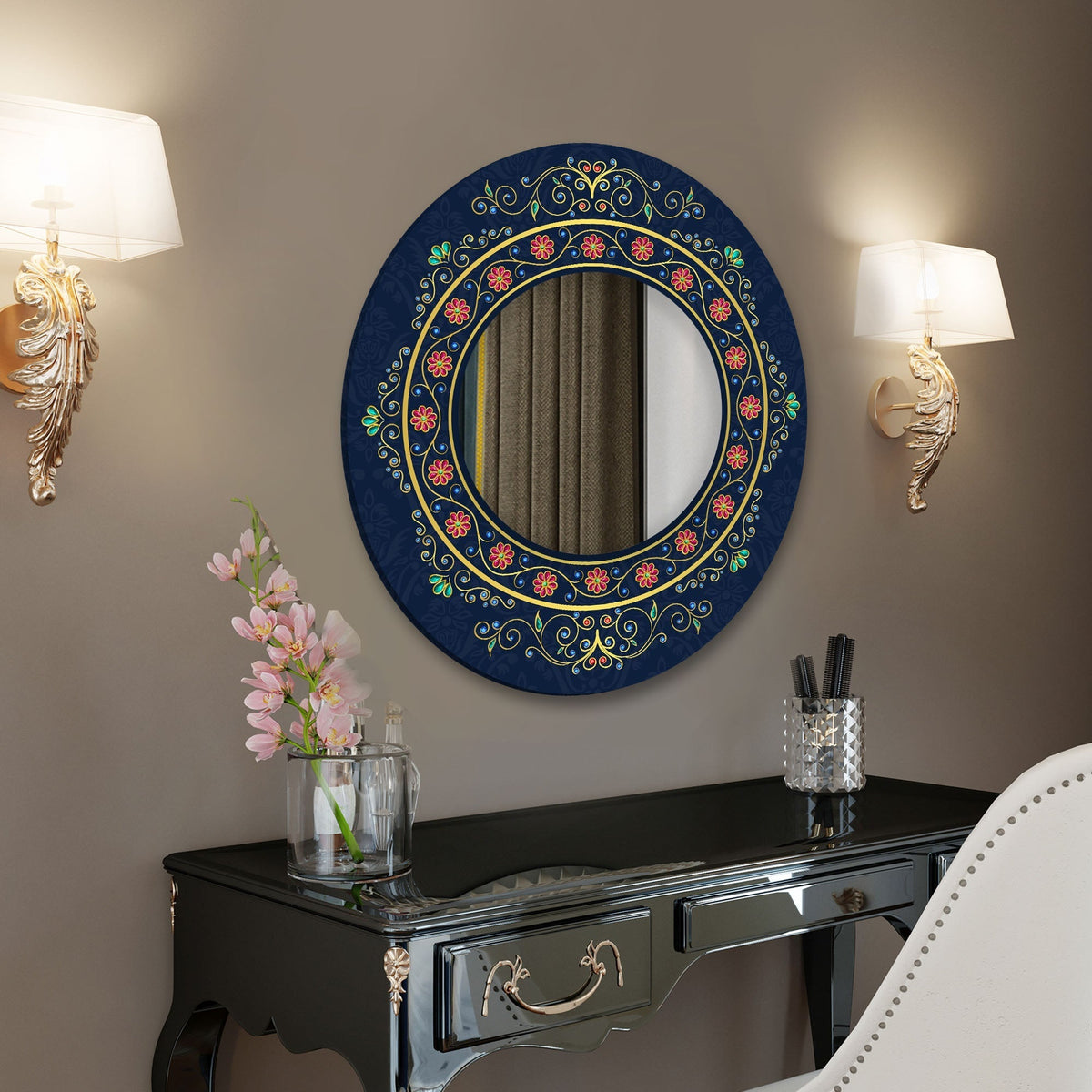 Beautiful Vintage Style with Crystals Abstract Pattern Round Printed Acrylic Wall Mirror