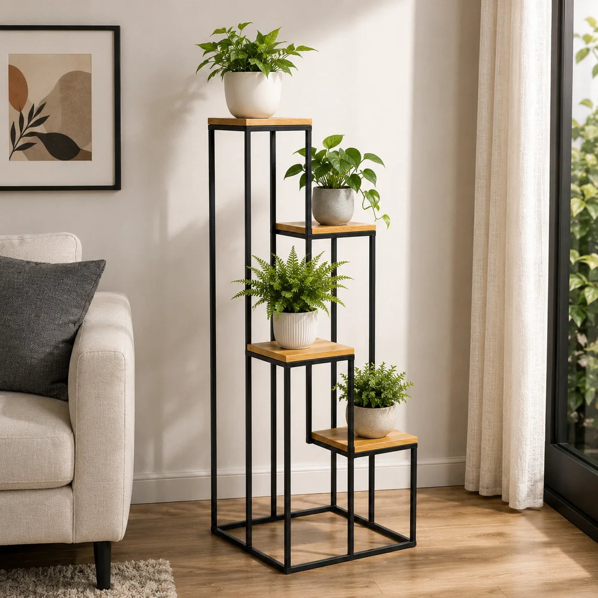 Black Metal Planter Stand with Premium Brown Wooden Shelves- 4 Tier