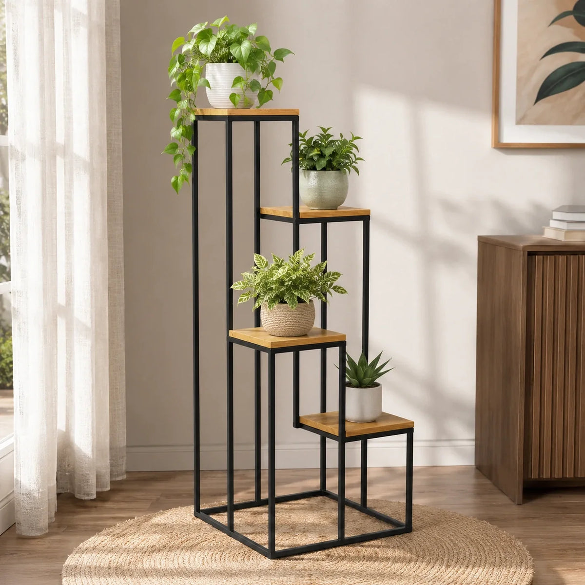 Black Metal Planter Stand with Premium Brown Wooden Shelves- 4 Tier