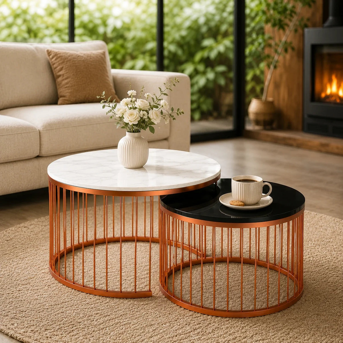 Black & White Caged Copper Nesting Table Set of 2