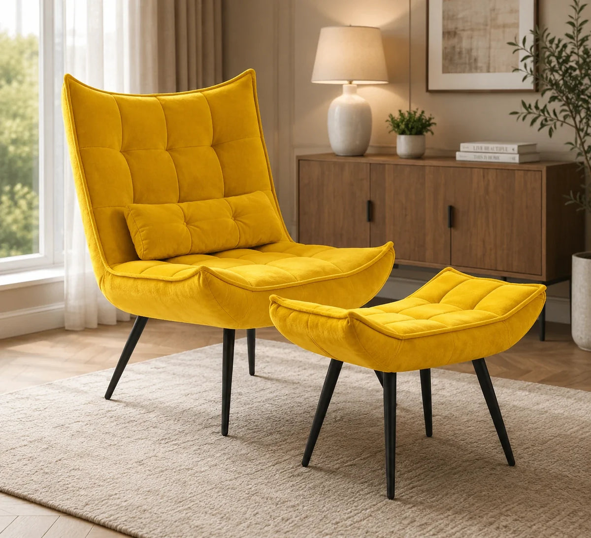 Bright Yellow Leatherette Finish Accent Chair with Footrest & Cushion