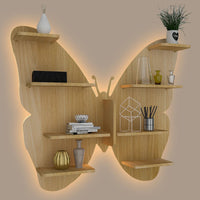 Butterfly Shape Backlit Designer Wooden Wall Shelf / Book Shelf / Night Light, Oak Finish