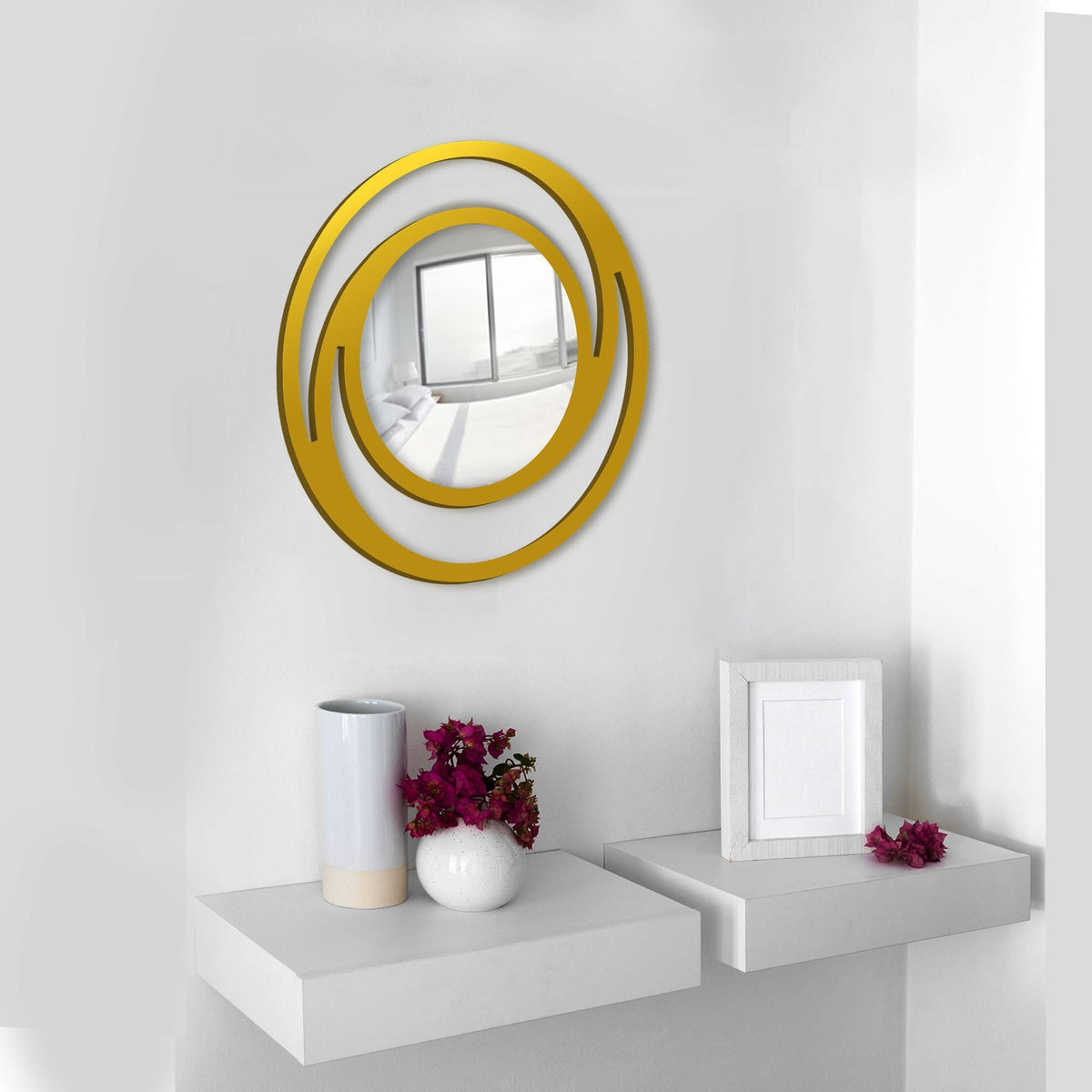 Circular Shaped Designer Wooden Wall Mirror With Gold Texture
