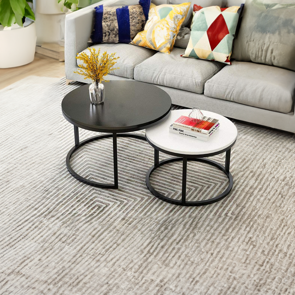 Classic Black & White Round Coffee Table Set of 2