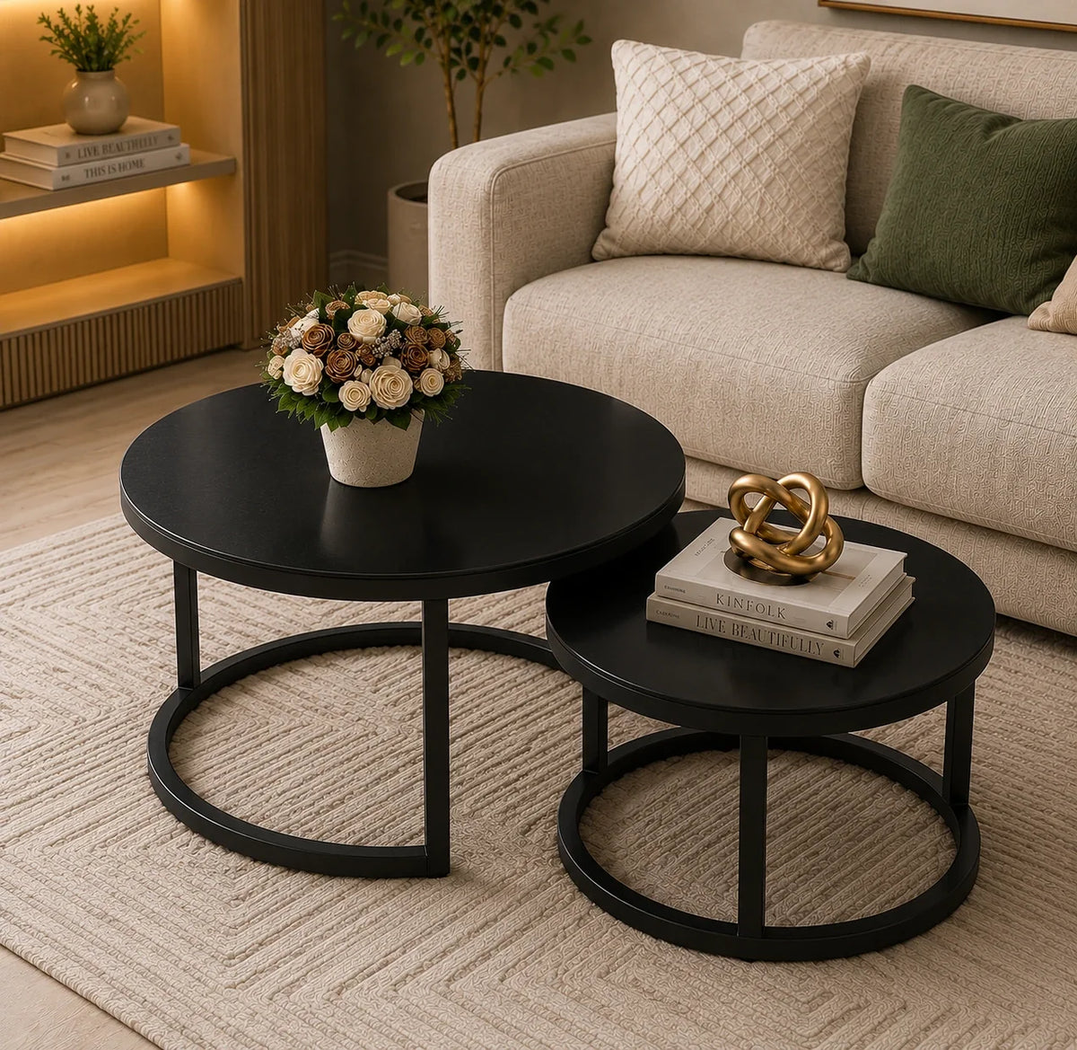 Classic Black with Black Metallic Finish Round Coffee Table Set of 2