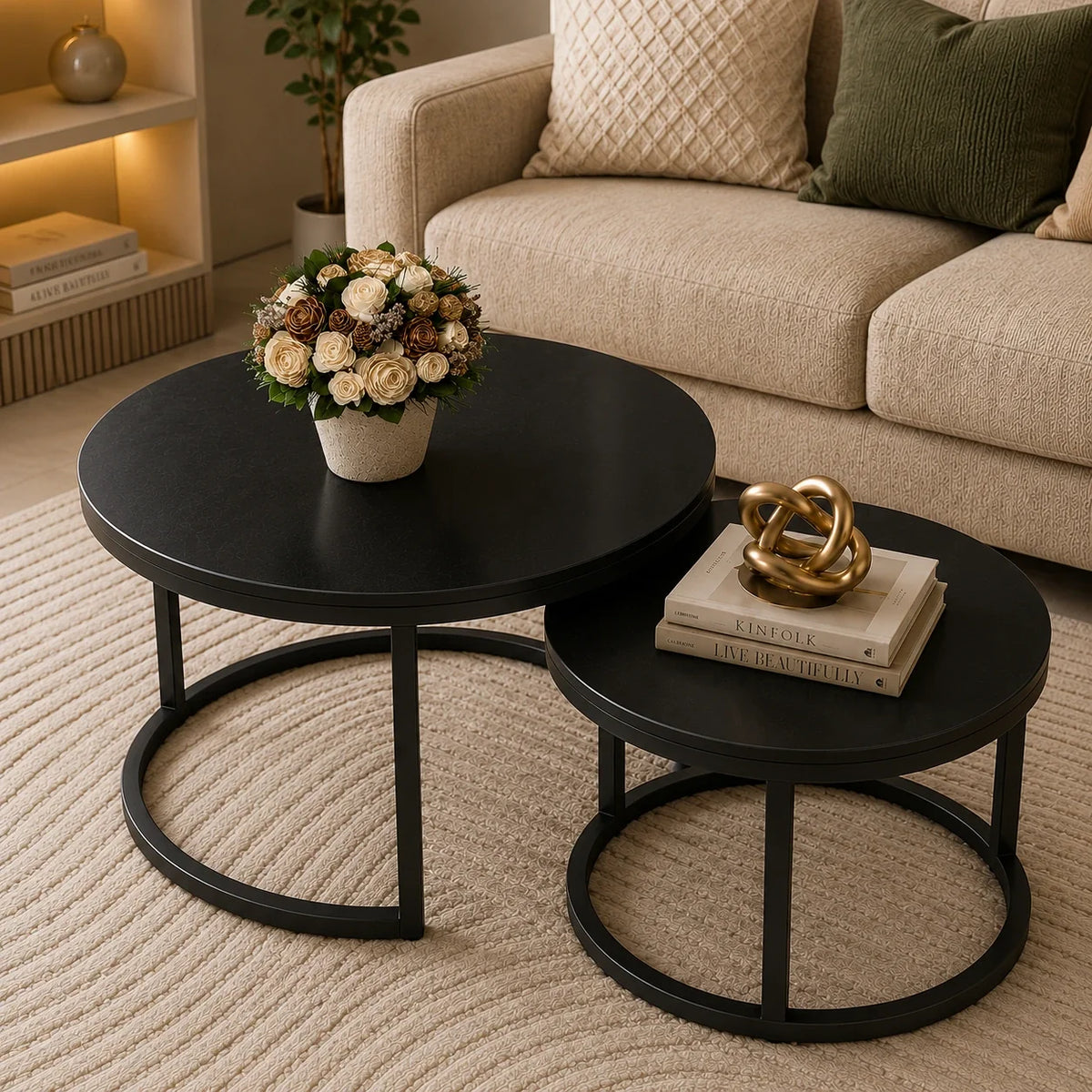 Classic Black with Black Metallic Finish Round Coffee Table Set of 2