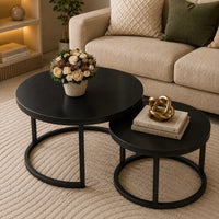 Classic Black with Black Metallic Finish Round Coffee Table Set of 2