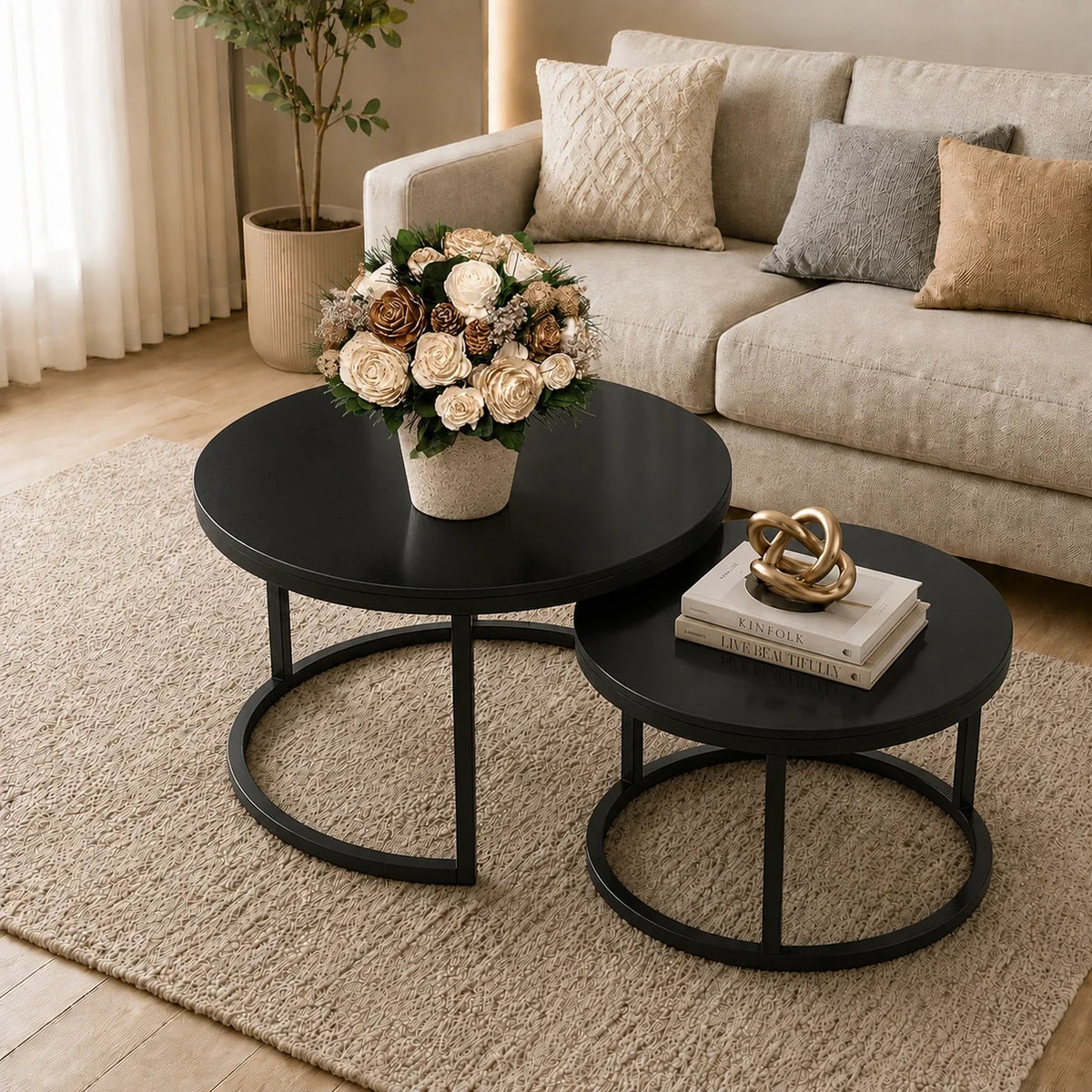 Classic Black with Black Metallic Finish Round Coffee Table Set of 2
