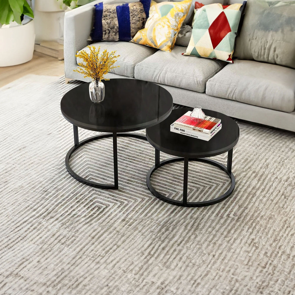 Classic Black with Black Metallic Finish Round Coffee Table Set of 2