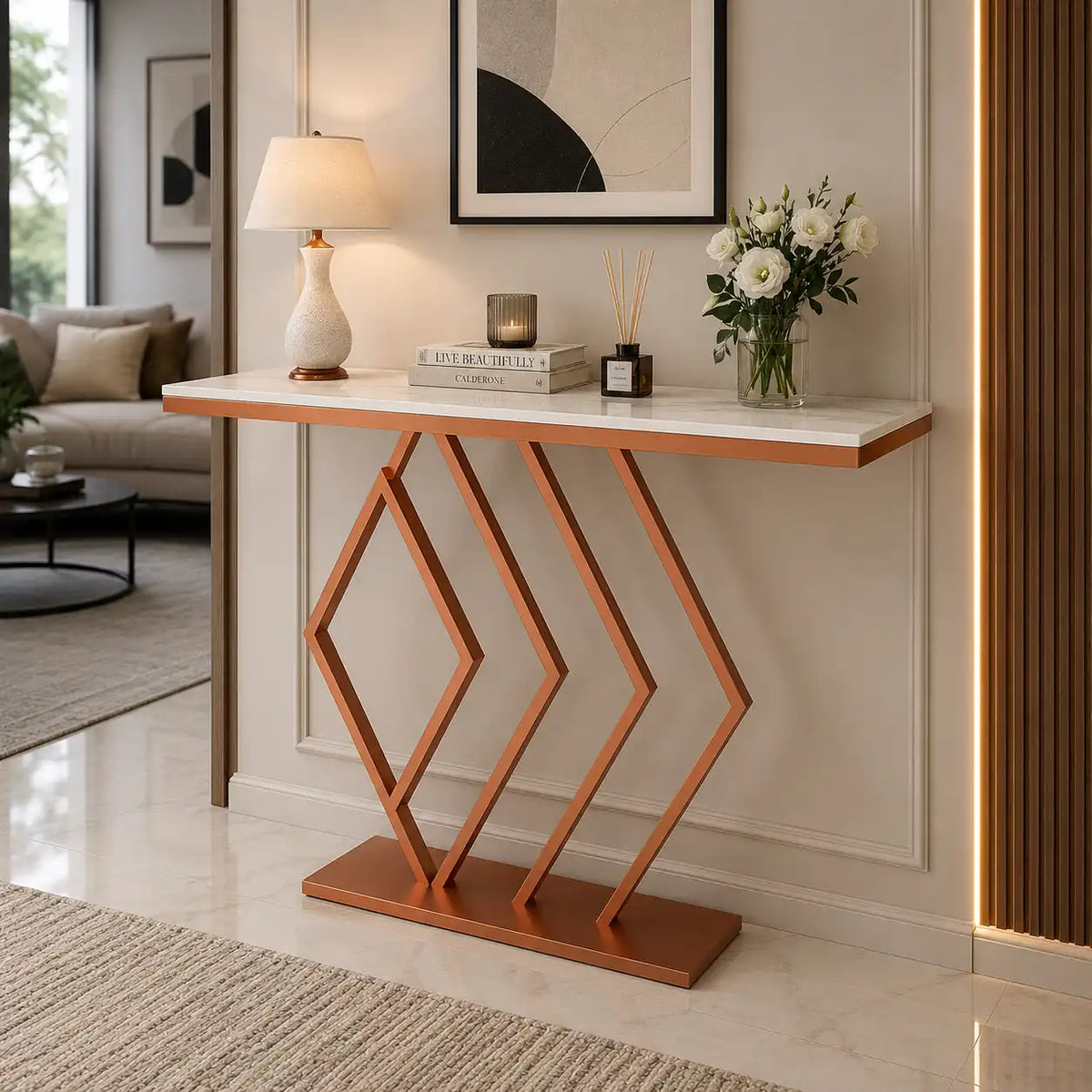 Classic Design Copper Console Table in Geometric Pattern
