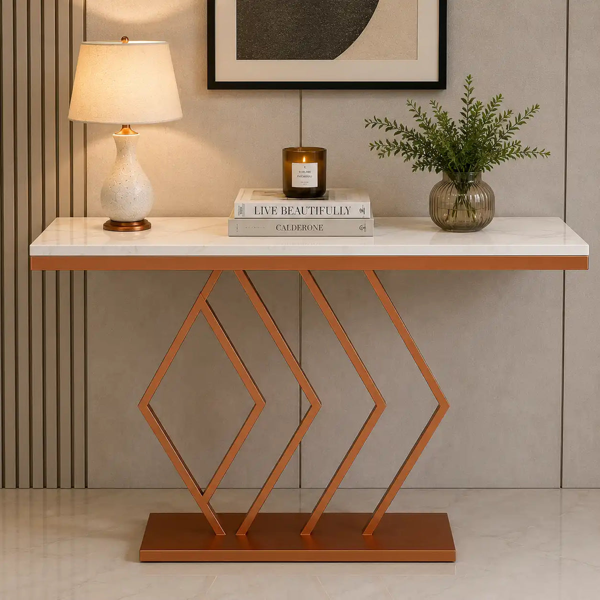 Classic Design Copper Console Table in Geometric Pattern