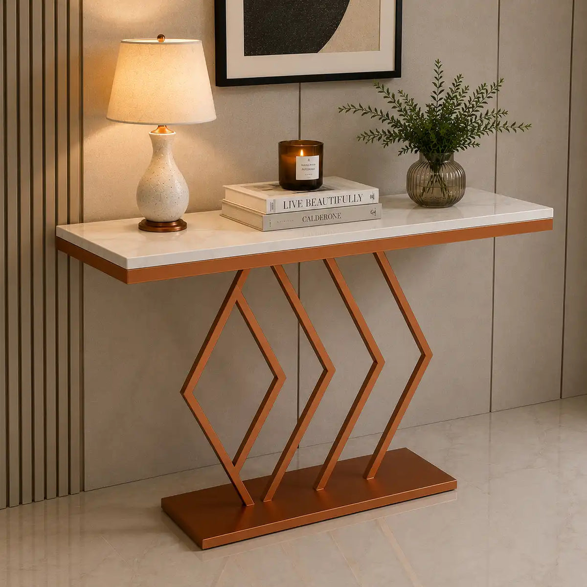 Classic Design Copper Console Table in Geometric Pattern