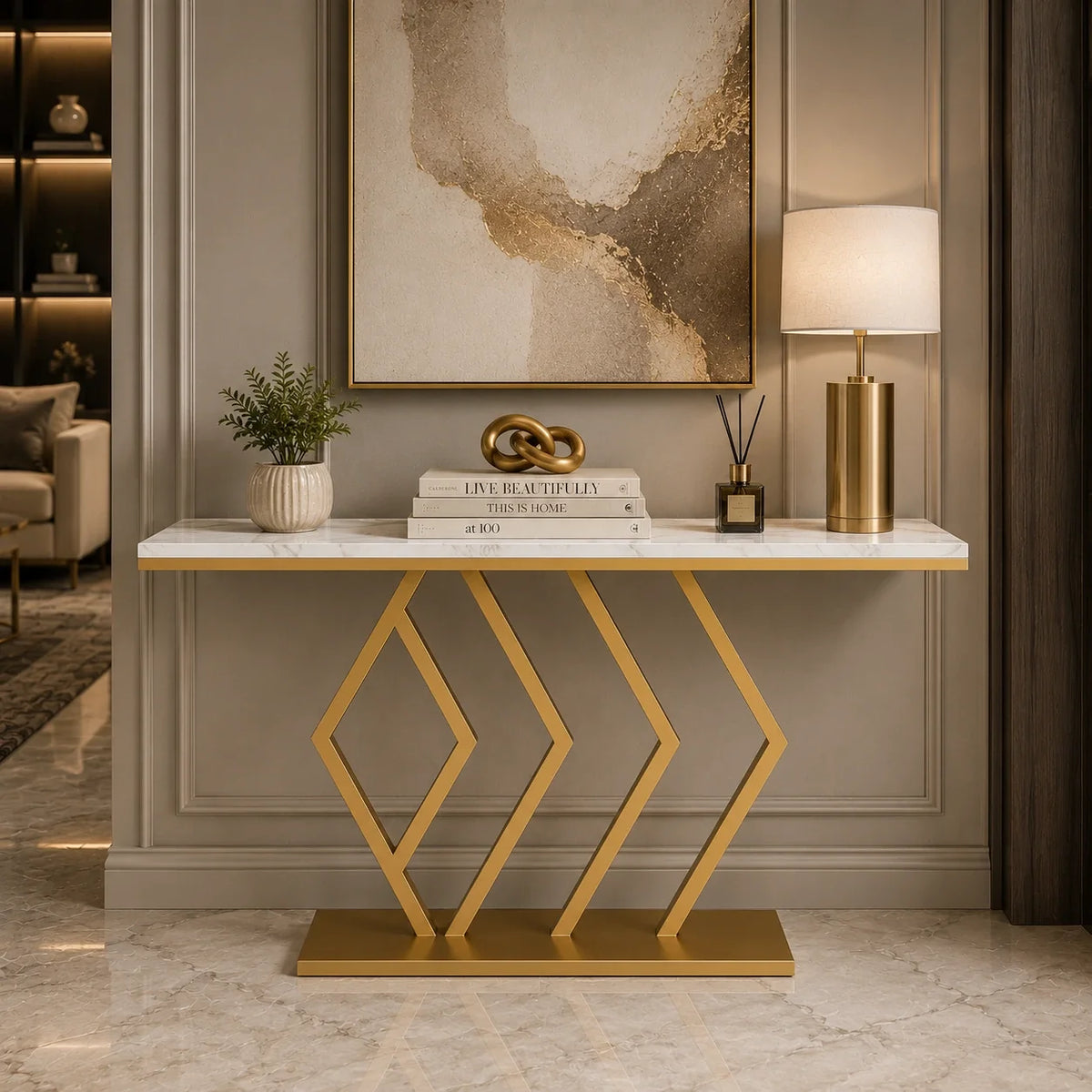 Classic Design Golden Console Table in Geometric Pattern