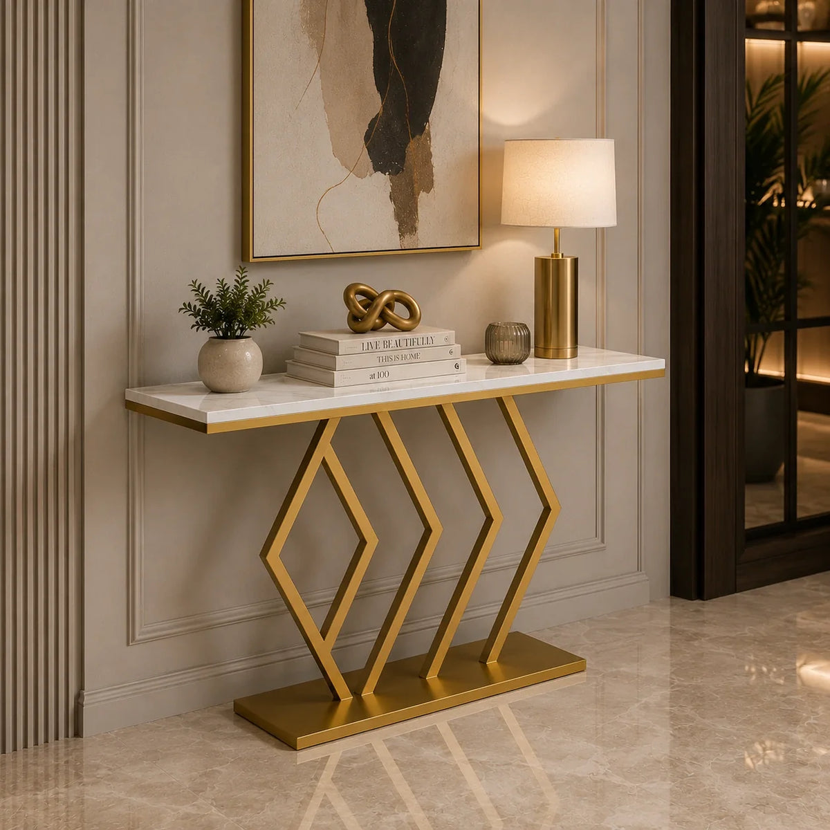 Classic Design Golden Console Table in Geometric Pattern