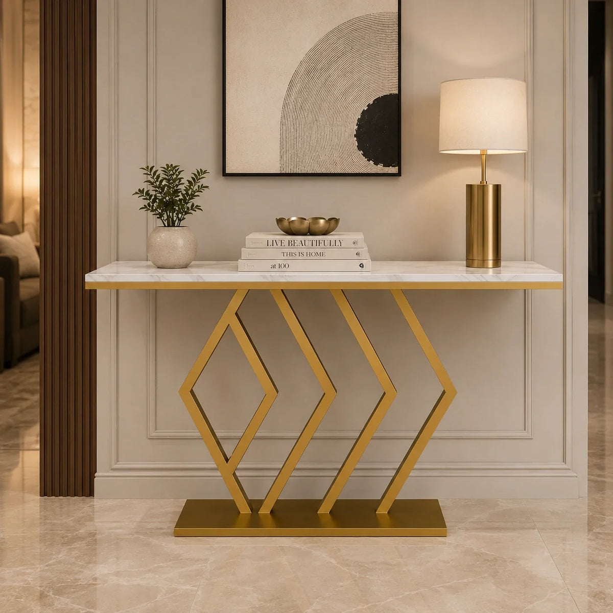 Classic Design Golden Console Table in Geometric Pattern