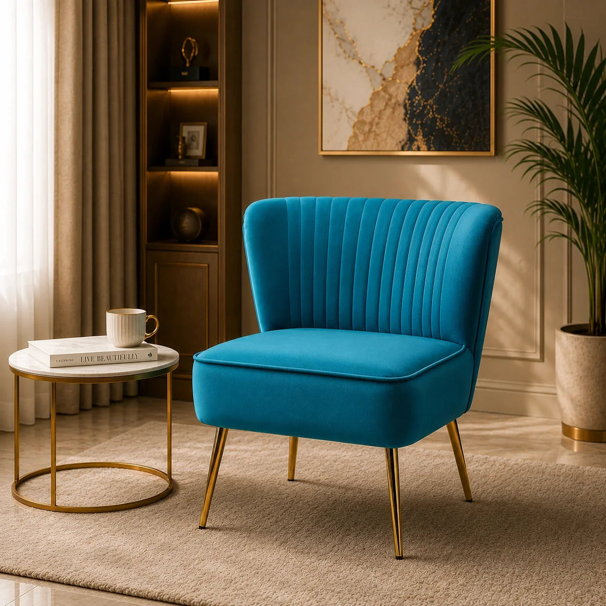 Classic Style Curved Back Blue Velvet Lounge Chair
