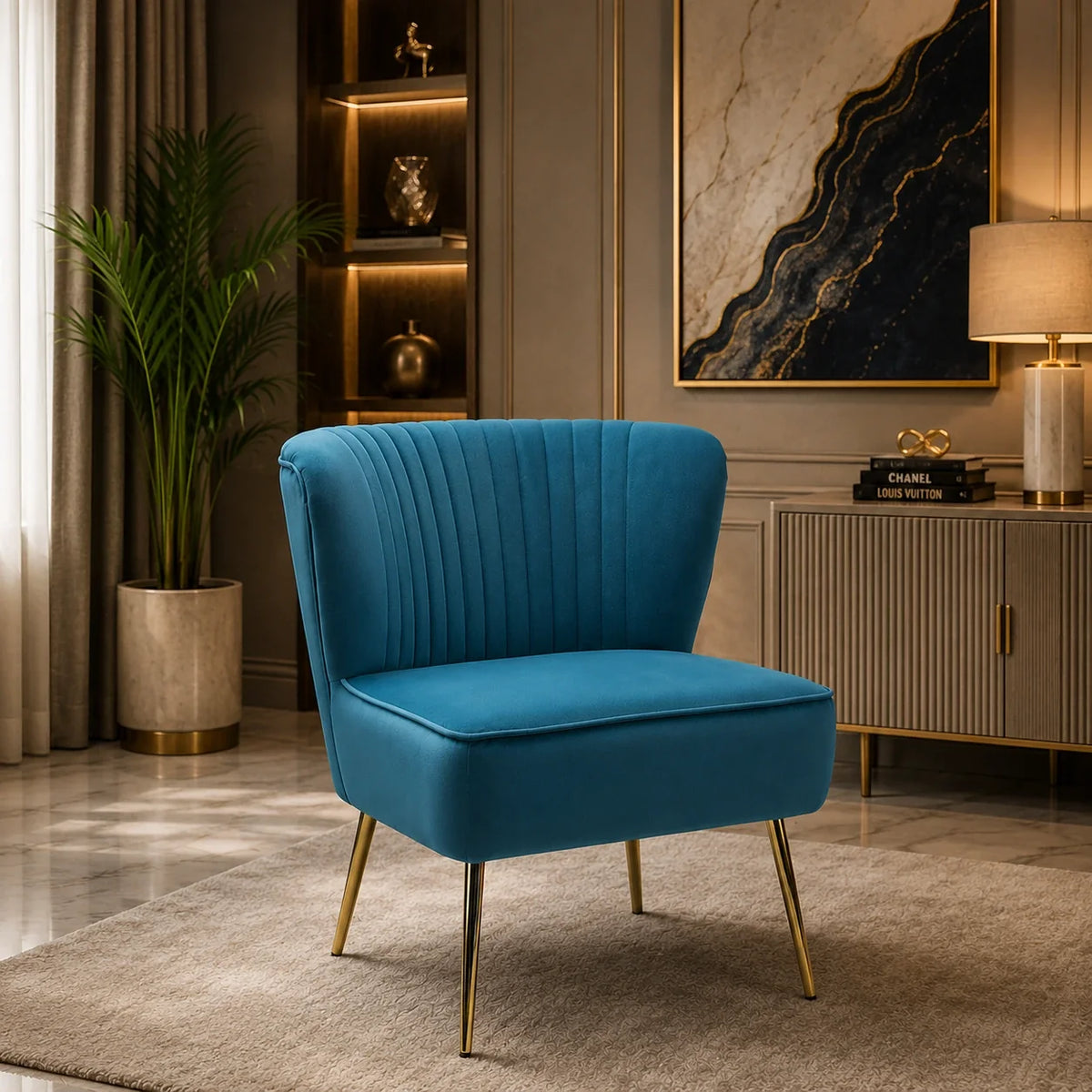 Classic Style Curved Back Blue Velvet Lounge Chair