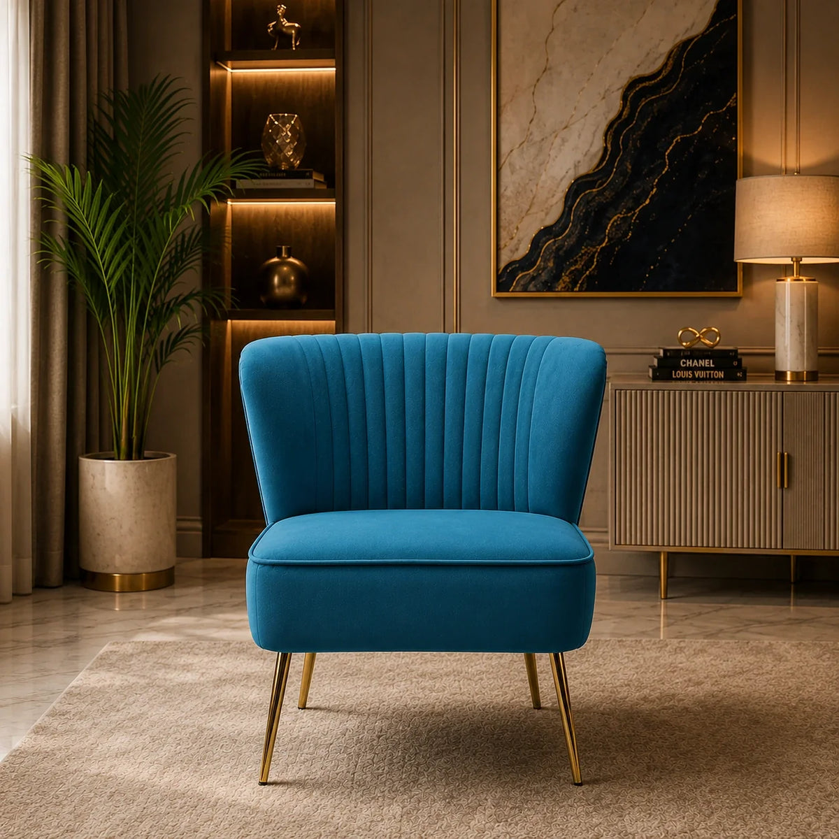 Classic Style Curved Back Blue Velvet Lounge Chair