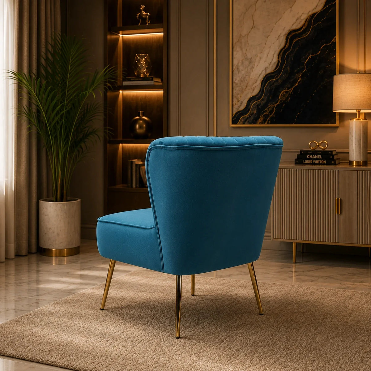 Classic Style Curved Back Blue Velvet Lounge Chair