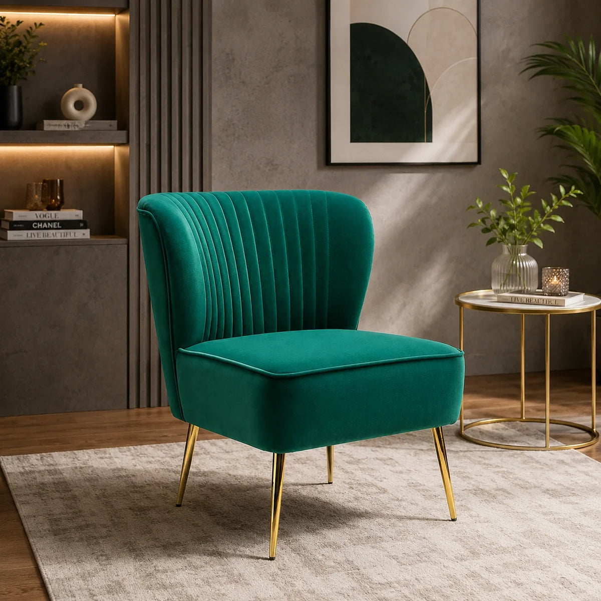 Classic Style Curved Back Teal Velvet Lounge Chair