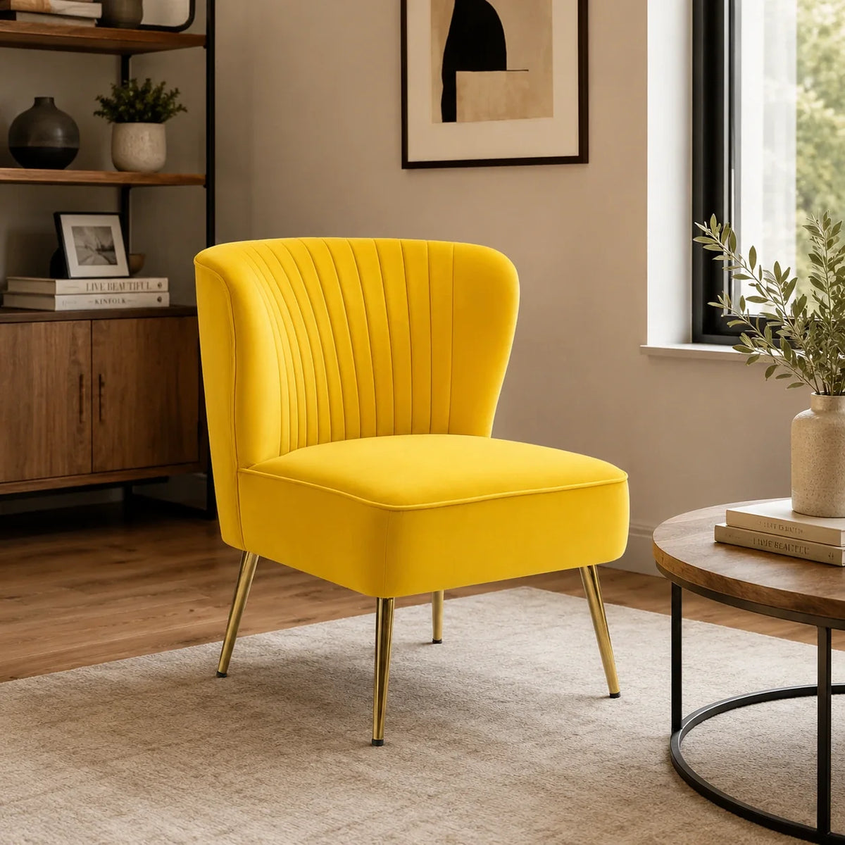 Classic Style Curved Back Yellow Velvet Accent Chair
