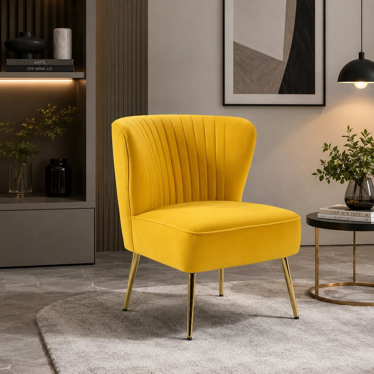 Classic Style Curved Back Yellow Velvet Accent Chair
